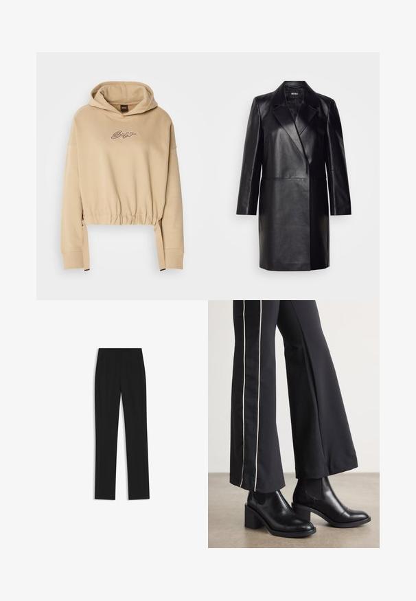 Black leather blazer with a notched collar, single button closure, and long sleeves. Features smooth texture and tailored fit.; Beige cropped hoodie made of soft fabric with a drawstring hem. Features embroidered logo on the chest and elastic cuffs.; Black tailored trousers with a straight-leg design, featuring front pockets and a smooth, textured fabric. Neat, minimal detailing.; Black leather ankle boots with a block heel, featuring elastic side panels. Paired with black pants that have a white side stripe.