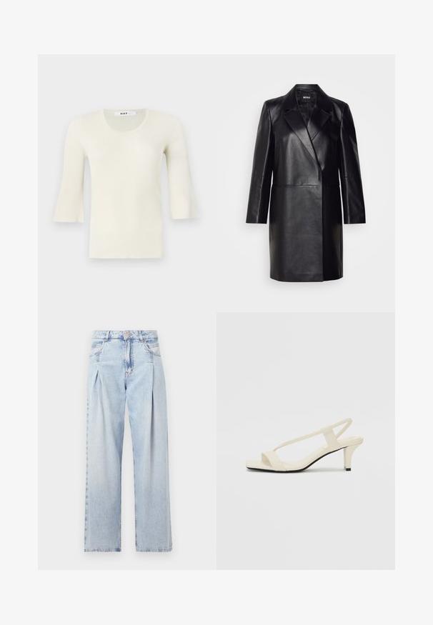 Schwarze Lederblazer mit Reverskragen, einer einzigen Knopfverschluss und langen Ärmeln. Bietet eine glatte Textur und eine taillierte Passform.; Rippentop in heller Creme mit langen Ärmeln, Rundhalsausschnitt und ausgestellten Ärmeln. Aus einem strukturierten Stoff mit weichem Finish und minimalistischer Gestaltung.; Helle blaue Denim-Jeans mit hoher Taille, weitem Beinschnitt, zwei seitlichen Taschen und gefaltetem Design. Weiche Textur mit einem ausgebleichten Finish.; Beige Blockabsatzsandalen mit dünnen Riemen und quadrater Spitze. Glattes Material mit minimalem Design, entworfen für einfaches Tragen.