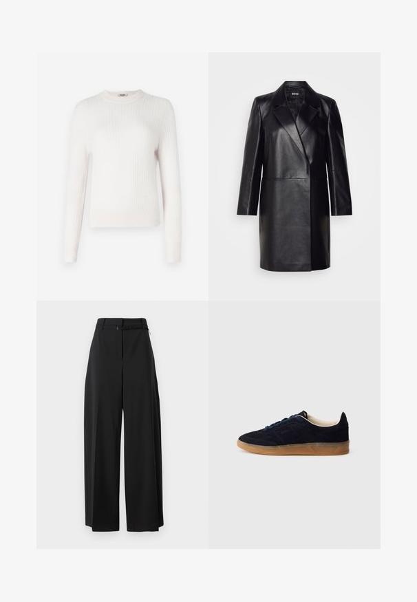 Blazer en cuir noir avec un col cranté, fermeture à un bouton et manches longues. Présente une texture lisse et une coupe ajustée.; Pull en tricot côtelé de couleur crème clair, avec des manches longues et un col rond. Texture douce et design ajusté avec des poignets et un ourlet contrastants.; Pantalons larges noirs avec une taille haute et une ceinture. Présentent une texture lisse et des lignes épurées, conçus pour un ajustement décontracté.; Baskets en daim marine avec une semelle en caoutchouc gomme, des lacets bleus et un design minimaliste. Présentent un logo embossé sur le côté et une doublure intérieure lisse.