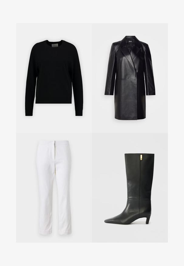 Crna kožna blazer jakna s rebrastim ovratnikom, zatvaranjem na jedan gumb i dugim rukavima. Ima glatku teksturu i kroj prilagođen tijelu.; Crni pleteni pulover s okruglim izrezom, dugim raglan rukavima i rebrastim rubom. Glatka tekstura, minimalni dizajn, bez vidljivih uzoraka ili akcenta.; Bijele pamučne hlače ravnog kroja, sa strukom srednje visine i bez vidljivih metalnih dijelova ili uzoraka. Glatka tekstura kroz cijelu dužinu.; Crne kožne čizme do koljena s šiljastim nosom i malim potpeticom. Imaju elegantan dizajn s detaljima u zlatnoj boji. Glatka tekstura.