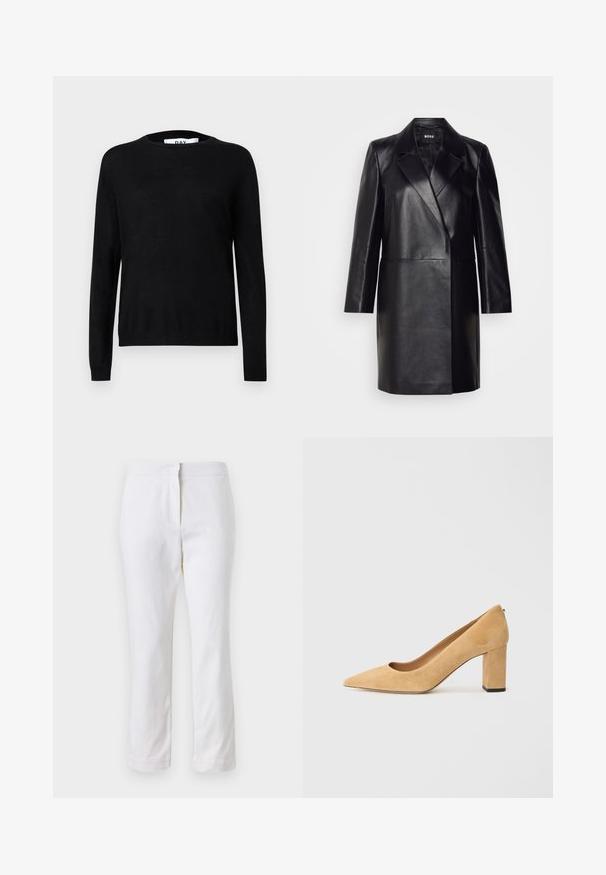 Juodas odinis švarkas su įpjovimu ant apykaklės, vienu mygtuku užsegamas ir ilgomis rankovėmis. Yra lygus paviršius ir pritaikytas siluetas.; Juodas megztinis su apvalia iškirpte, ilgomis rankovėmis ir briaunuotais rankogaliais bei apačia. Lygi tekstūra su minimaliais detalėmis.; Balti medvilniniai kelnių su tiesiu kojų dizainu, turintys vidutinį liemenį ir be matomų detalių ar raštų. Lygi tekstūra visame paviršiuje.; Bežiniai zomšiniai aukštakulniai bateliai su smaigaliu ir masyviu blokiniu kulnu. Medžiaga turi švelnų tekstūrą ir lygią apdailą.