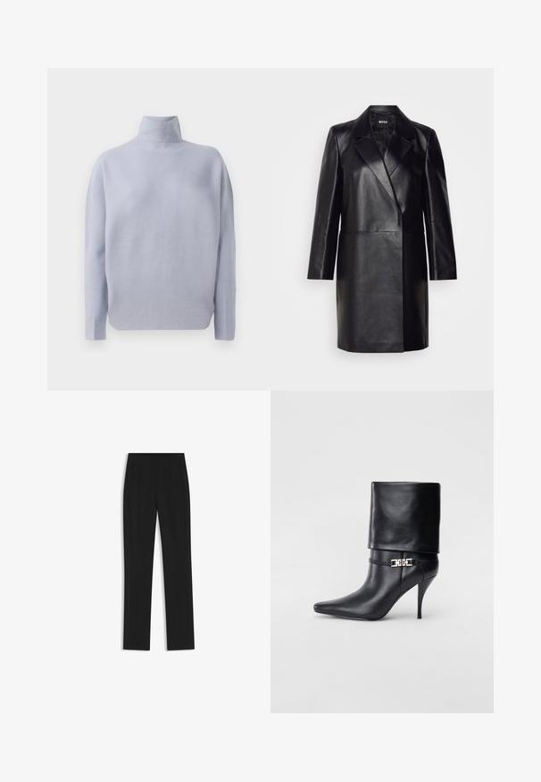 Giacca in pelle nera con colletto a revers, chiusura con un solo bottone e maniche lunghe. Presenta una texture liscia e una vestibilità sartoriale.; Maglione a collo alto a maniche lunghe di colore azzurro chiaro, con una morbida texture a maglia e una vestibilità comoda, esposto su uno sfondo bianco.; Pantaloni neri su misura con un design a gamba dritta, dotati di tasche frontali e un tessuto liscio e strutturato. Dettagli ordinati e minimalisti.; Stivale ankle in pelle nera con punta affusolata, alto tacco a stiletto, risvolto sulla caviglia e un elegante dettaglio in oro con fibbia decorativa.