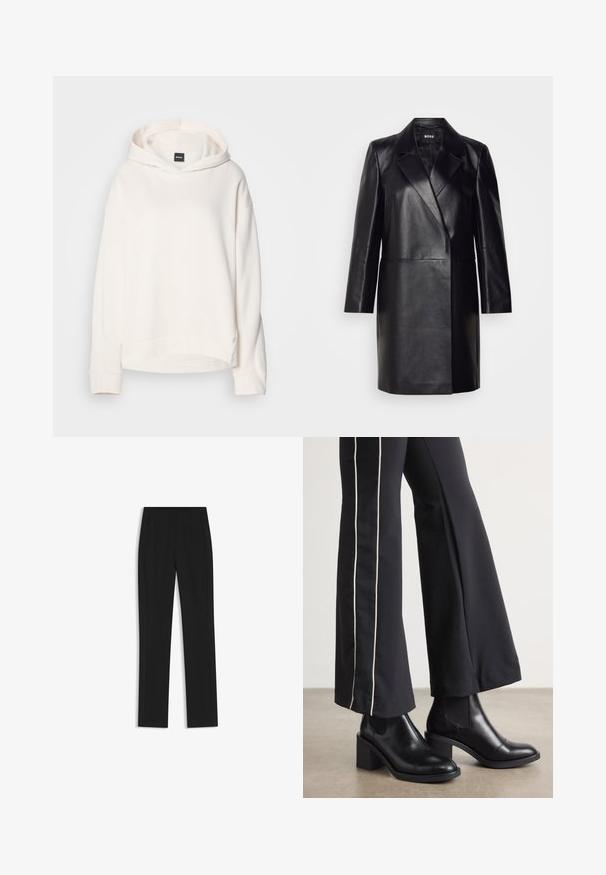 Black leather blazer with a notched collar, single button closure, and long sleeves. Features smooth texture and tailored fit.; Cream-colored hoodie made from soft fabric, featuring a drawstring hood, ribbed cuffs, and a small logo on the front. Relaxed fit design.; Black tailored trousers with a straight-leg design, featuring front pockets and a smooth, textured fabric. Neat, minimal detailing.; Black leather ankle boots with a block heel, featuring elastic side panels. Paired with black pants that have a white side stripe.