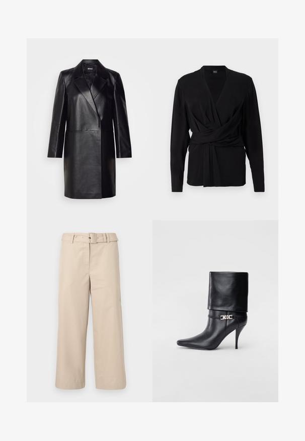 Black leather blazer with a notched collar, single button closure, and long sleeves. Features smooth texture and tailored fit.; Black wrap top made of soft fabric, featuring long sleeves, a v-neckline, and a tied belt accentuating the waist. Smooth texture.; Beige, wide-leg trousers made of smooth fabric. Features a belted waist and two side pockets. Clean seams and finished hem.; Black leather ankle boot with a pointed toe, high stiletto heel, fold-over cuff, and a gold decorative buckle detail on the ankle.