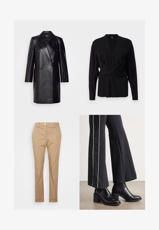 Svart läderblazer med snedskuren krage, enkel knappstängning och långa ärmar. Har en mjuk текстur och skräddarsydd passform.; Svart wrap-top i mjukt tyg, med långa ärmar, v-ringning och en knytrem som betonar midjan. Slät textur.; Bruna chinos med en skräddarsydd passform, som har knäppning med knapp, bälteshällor och upprullade fållar. Tillverkade av ett mjukt, hållbart tyg.; Svarta läderankelboots med klack, med elastiska sidopaneler. I kombination med svarta byxor som har en vit sidostrip.