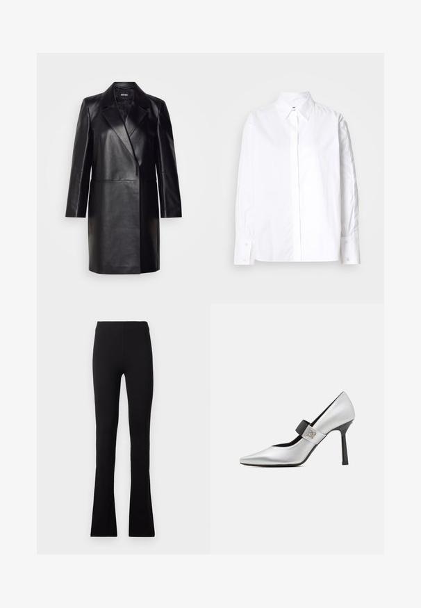Melna ādas bleizera ar iegriezto apkakli, vienu pogu un garām piedurknēm. Iezīmē gludu tekstūru un piegriezumu, kas pielāgots figūrai.; Balta pogu krekla ar klasisko apkakli, garām piedurknēm un aprocēm. Izgatavota no gludas auduma, tai ir centrālā priekšējā pogu rinda.; Melni sporta legingi ar gludu, elastīgu audumu. Iezīmē augstu jostas vietu un izplūdušu apakšdaļu, nodrošinot pieguļošu siluetu.; Sudraba ādas augstpapēžu kurpe ar saplacinātu purngalu, melnu siksniņu akcentu un spīdīgu apdari, piedāvājot elegantu siluetu un plānu papēdi.