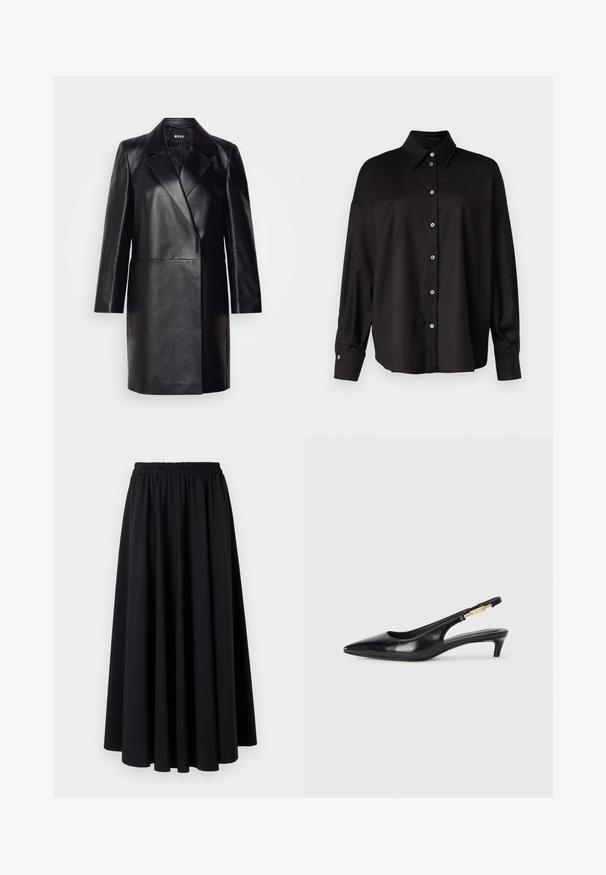 Schwarze Lederblazer mit Reverskragen, einer einzigen Knopfverschluss und langen Ärmeln. Bietet eine glatte Textur und eine taillierte Passform.; DRYKORN LYSILA - Hemdbluse - black; Schwarzer, bodenlanger Rock aus weichem Stoff mit breitem, gerafftelastischem Bund und glattem, fließendem Design. Keine Muster oder Akzente.; Schwarze Leder-Slingback-Pumps mit spitzem Schuhblatt, ausgestattet mit einem schlanken Absatz und einem goldfarbigen Akzent am verstellbaren Riemen. Glatte Textur.