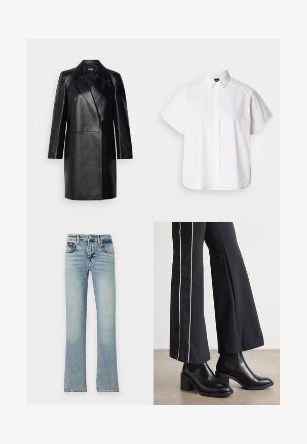 Melna ādas bleizera ar iegriezto apkakli, vienu pogu un garām piedurknēm. Iezīmē gludu tekstūru un piegriezumu, kas pielāgots figūrai.; Balta īsajām piedurknēm krekls ar pogām un norādītu apkakli, kā arī viļņotu apakšmalu. Izgatavots no kokvilnas ar gludu tekstūru un bez redzamām rakstām.; Gai zili džinsi ar izplūstošām kājām, ar piecām kabatām, jostu cilpiņām un izbalējušu apdari.; Melnas ādas potīšu zābaki ar blokveida papēdi, aprīkoti ar elastīgām sānu paneļiem. Kombinēti ar melniem biksēm, kuru sānos ir baltas svītras.