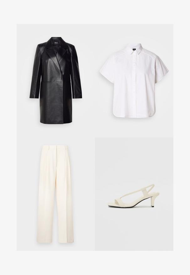 Sorte læderjakke med slagkrave, enkelt knaplukning og lange ærmer. Har en glat tekstur og en skræddersyet pasform.; Hvid kortærmet skjorte med knaplukning, spidse kraver og buet nederste kant. Lavet af bomuld med en glat struktur og uden synlige mønstre.; Breddebenede bukser i creme, lavet af glat stof. Har en skræddersyet design med frontfolder og en lige pasform.; Beige blokhælede sandaler med tynde remme og en firkantet tå. Glat materiale med minimal detaljering, designet til nem brug.