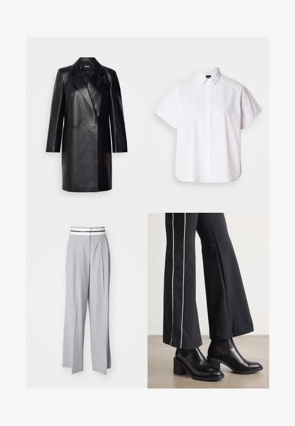 Schwarze Lederblazer mit Reverskragen, einer einzigen Knopfverschluss und langen Ärmeln. Bietet eine glatte Textur und eine taillierte Passform.; Weißes kurzärmliges Hemd mit Knopfleiste, spitzem Kragen und abgerundetem Saum. Hergestellt aus Baumwolle mit glatter Textur und ohne sichtbare Muster.; Graue weit geschnittene Hosen mit einer strukturierten Stoffoberfläche, versehen mit einem weißen Bund mit schwarzen Akzenten und zwei vorderen Falten für zusätzliche Details.; Schwarze Lederstiefeletten mit einem Blockabsatz, ausgestattet mit elastischen seitlichen Einsätzen. Kombiniert mit schwarzen Hosen, die einen weißen Seitenstreifen haben.