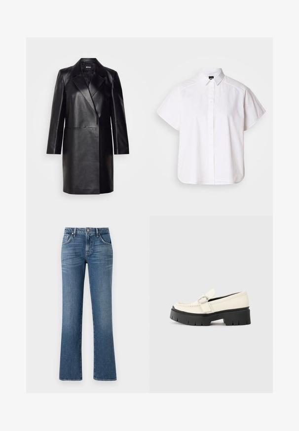 Black leather blazer with a notched collar, single button closure, and long sleeves. Features smooth texture and tailored fit.; White short-sleeve button-up shirt with a pointed collar and curved hem. Made from cotton with a smooth texture and no visible patterns.; Blue denim jeans with a flared leg design, five-pocket styling, and a front button closure, featuring a mid-rise waistband and faded finish.; White leather loafer with a chunky black platform sole, featuring a rectangular silver buckle and visible stitching detail on the upper.