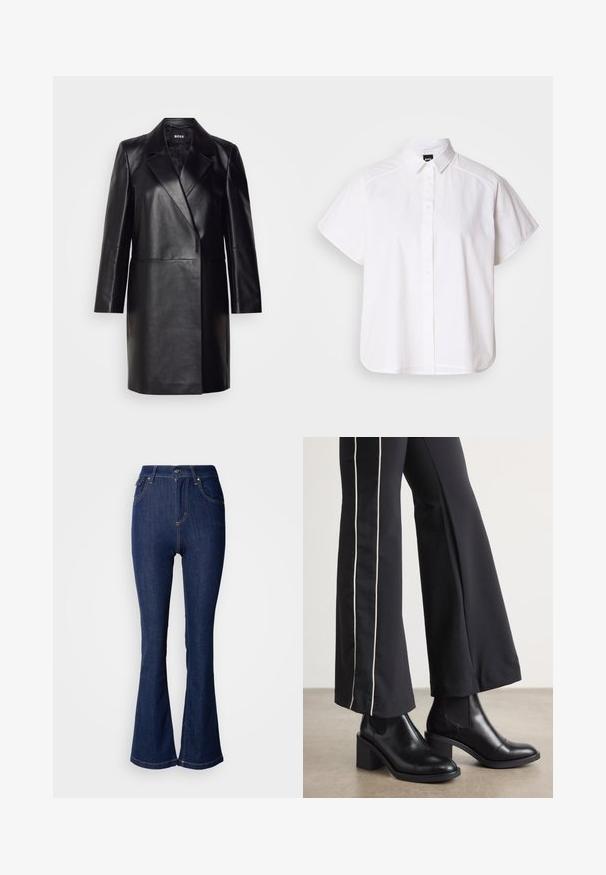 Fekete bőr blézer, hajtott gallérral, egygombos záródással és hosszú ujjal. Simaság jellemzi, és testre szabott fazonú.; Fehér, rövid ujjú, gombos ing, hegyes gallérral és ívelt alsó résszel. Pamutból készült, sima textúrával és látható minták nélkül.; Sötétkék, bővülő szárú farmernadrág, magas derekú kialakítással. Elülső zsebekkel, kontrasztos varrással és gombos záródással rendelkezik.; Fekete bőr bokacsizma, tömbsarkúval, oldalán rugalmasszal ellátott panelek találhatók. Fekete nadrággal párosítva, amelynek fehér oldalsávja van.