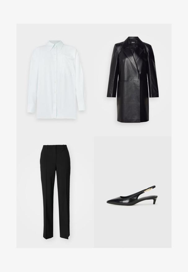 Juodas odinis švarkas su įpjovimu ant apykaklės, vienu mygtuku užsegamas ir ilgomis rankovėmis. Yra lygus paviršius ir pritaikytas siluetas.; Šviesiai mėlynas marškinėliai su apykakle, ilgomis rankovėmis ir krūtine kišene. Audinys atrodo lygus su subtilia tekstūra; turi geltonas mygtukus.; Juodi pritaikyti kelnių modeliai su tiesiomis kojomis, pasižyminčios lygiomis tekstūromis ir ryškiomis klostėmis priekyje. Nėra matomų detalių.; Juodas odinis pavasario batelių modelis su smailiu nosiu, turintis siaurą kulniuką ir auksinės spalvos akcentu reguliuojamoje juostoje. Lygi tekstūra.