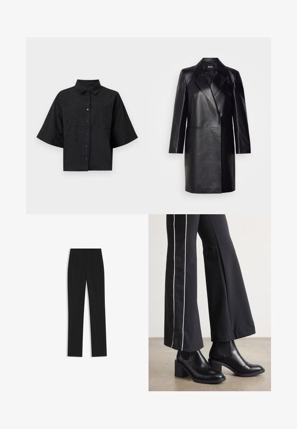 Black leather blazer with a notched collar, single button closure, and long sleeves. Features smooth texture and tailored fit.; Black cropped shirt with a collar, short sleeves, button closure, and subtle wave texture detail. Features a single chest pocket.; Black tailored trousers with a straight-leg design, featuring front pockets and a smooth, textured fabric. Neat, minimal detailing.; Black leather ankle boots with a block heel, featuring elastic side panels. Paired with black pants that have a white side stripe.