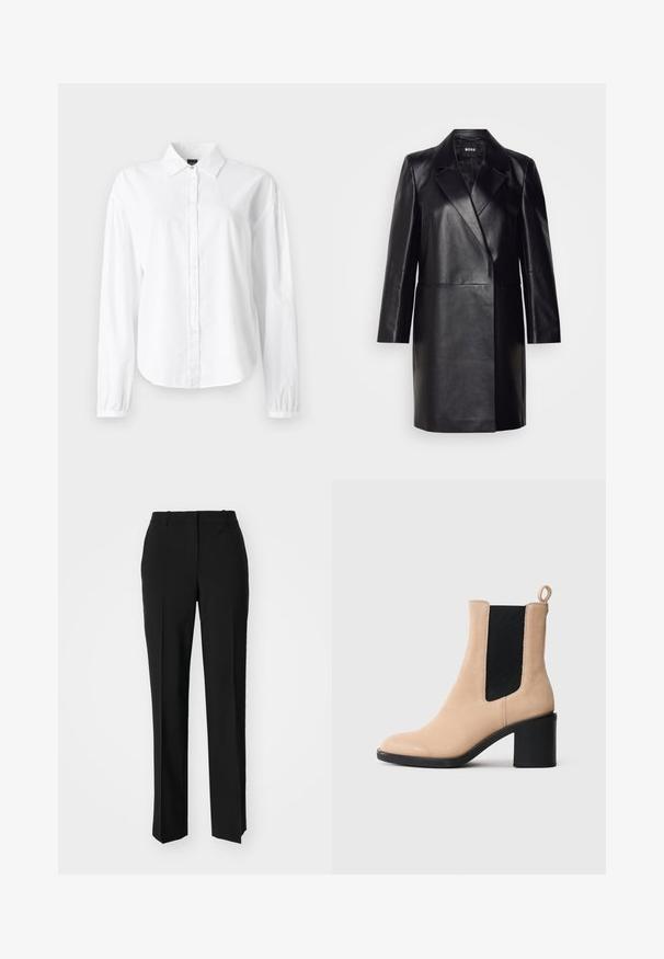 Črna usnjena blazerjakna z izrezanim ovratnikom, zapiranjem na en gumb in dolgimi rokavi. Ima gladko teksturo in prilegajoč kroj.; Bela srajca z dolgimi rokavi in ovratnikom, s sprednjim gumbom in naborki na manšetah. Narejena iz mehke, lahke tkanine z gladko teksturo.; Črne krojene hlače s direktnim krojem, ki se ponašajo z gladko teksturo in ostrimi pregibi spredaj. Ni vidne kovine.; Bež ankel škorenj z blok peto, z črnim elastičnim delom in zankico na hrbtni strani. Gladka tekstura in zaobljen dizajn nosu.