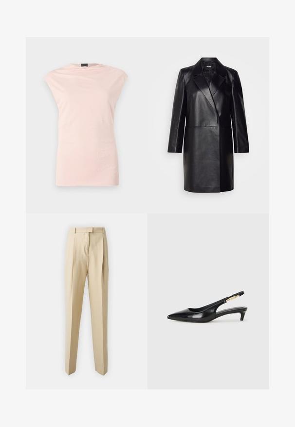 Musta nahkatakki, jossa on lovellinen kaulus, yksittäinen nappilukko ja pitkät hihat. Ominaisuuksiin kuuluvat sileä pinta ja istuva leikkaus.; Vaaleanpunainen vailla hihoja oleva toppi, jossa on pyöreä kaula-aukko, hillitty laskostus ja kaksi sivusaumakoristetta. Valmistettu pehmeästä ja sileästä kankaasta, joka luo virtaviivaisen siluetin.; Beige muotoleggingsit, joissa on suora leikkaus, pleatit, vyötärö ja sileä pinta. Ei näkyviä taskuja tai koristeluita.; Mustat nahkaiset slingback-korkokengät, joissa on terävä kärki, ohuet korot ja kultasävytteinen yksityiskohta säädettävässä hihnassa. Silkkinen pinta.