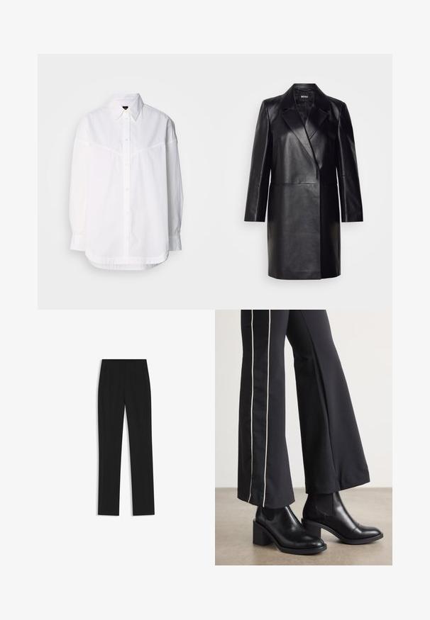 Schwarze Lederblazer mit Reverskragen, einer einzigen Knopfverschluss und langen Ärmeln. Bietet eine glatte Textur und eine taillierte Passform.; Weißes Langarmshirt aus Baumwolle mit einem Button-down-Kragen, Frontknöpfen und einer lässigen Passform mit dezenten Stickdetails.; Schwarze maßgeschneiderte Hose mit geradem Bein, ausgestattet mit Fronttaschen und einem glatten, strukturierten Stoff. Saubere, minimale Details.; Schwarze Lederstiefeletten mit einem Blockabsatz, ausgestattet mit elastischen seitlichen Einsätzen. Kombiniert mit schwarzen Hosen, die einen weißen Seitenstreifen haben.