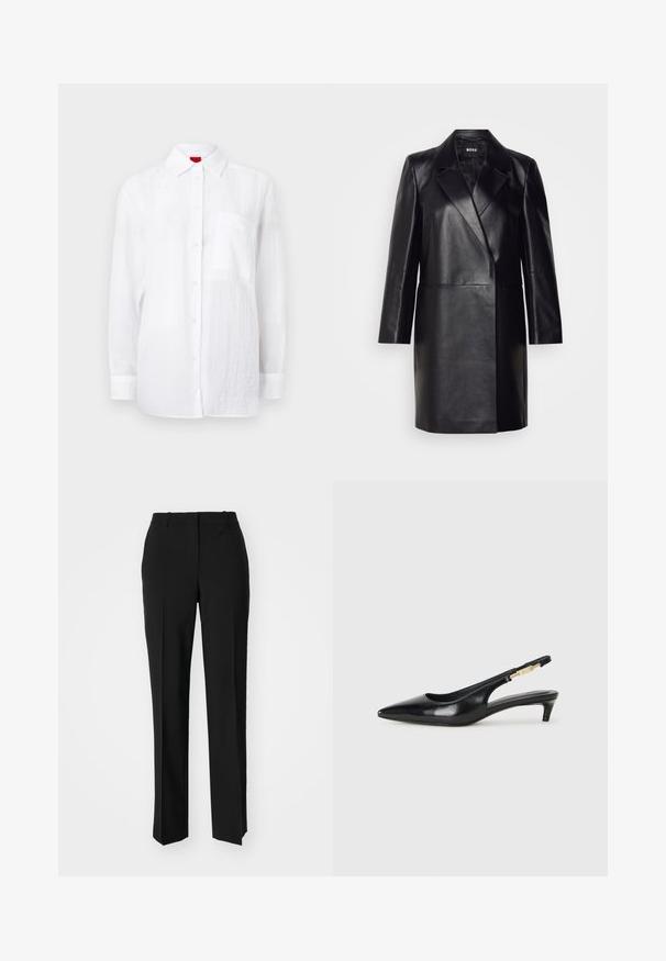 Mustmustnahkblazer, millel on klappkrae, ühe nupuga kinnitamine ja pikad varrukad. Omab siledat tekstuuri ja kohandatud lõiget.; Valge pika varruga särk, mis on valmistatud kergest kangast, ning millel on nööbitav esiosa, krae ja vasakul rinnal tasku. Peenelt tekstureeritud viimistlus.; Mustad ja sirged püksid, millel on sile tekstuur ja teravad voldid esiosas. Ilma nähtavate detailideta.; Mustad nahast slingback kontsad terava ninaga, millel on õhuke konts ja kuldse tooni aktsent reguleeritaval rihmal. Sile tekstuur.