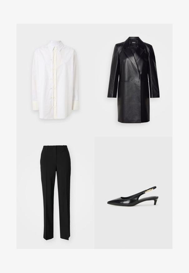 Sorte læderjakke med slagkrave, enkelt knaplukning og lange ærmer. Har en glat tekstur og en skræddersyet pasform.; Hvid bomulds skjorte med knaplukning, spidse kraver, forsideplacket, lange ærmer og lyse cremefarvede detaljer ved manchetter og knapområder.; Sorte skræddersyede bukser med lige ben-design, der har en glat tekstur og skarpe folder langs fronten. Ingen synlige hardware.; Sorte læder slingback hæle med spids tå, der har en slank hæl og en guldfarvet detalje på den justerbare rem. Glat tekstur.