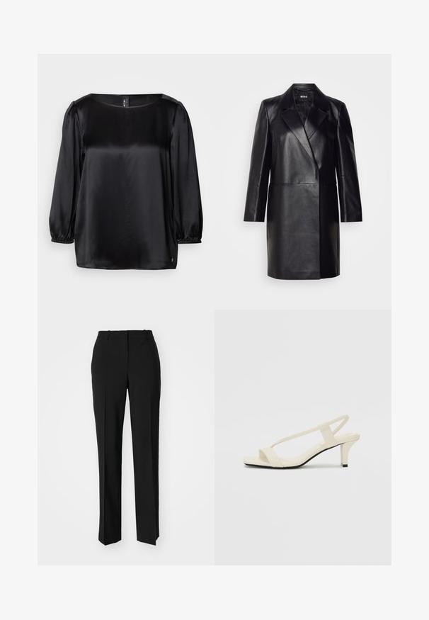 Zwarte leren blazer met een geknopt kraagje, sluiting met één knoop en lange mouwen. Kenmerkt zich door een zachte textuur en een professionele pasvorm.; Zwarte satijnen blouse met vierkante halslijn, lange pofmouwen met elastische manchetten en een rechte zoom. Gladde textuur met een chique, minimalistisch ontwerp.; Zwarte op maat gemaakte broek met een recht model, voorzien van een soepele textuur en scherpe plooien aan de voorkant. Geen zichtbare hardware.; Beige blockhak sandalen met dunne bandjes en een vierkante neus. Glad materiaal met minimale details, ontworpen voor eenvoudig dragen.