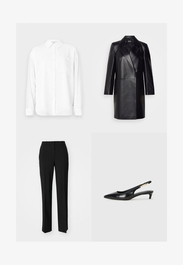 Černá kožená blejzr s klopovým límcem, zapínáním na jeden knoflík a dlouhými rukávy. Vyznačuje se hladkou texturou a přiléhavým střihem.; Bílá dlouhá košile s rukávy vyrobená z hladkého materiálu, vybavená klasickým límcem, předním zapínáním na knoflíky a náprsní kapsou na levé straně.; Černé kalhoty na míru se střihem do rovna, které mají hladkou texturu a ostré sklady na přední straně. Bez viditelného kování.; Černé kožené boty na podpatku s otevřenou patou a špičatou špičkou, s tenkým podpatkem a zlatým akcentem na nastavitelném pásku. Hladký povrch.