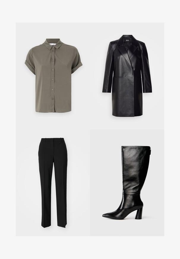 Črna usnjena blazerjakna z izrezanim ovratnikom, zapiranjem na en gumb in dolgimi rokavi. Ima gladko teksturo in prilegajoč kroj.; Srajca kratkih rokavov olivno zelene barve, izdelana iz gladkega materiala, s sprednjim zapenjanjem na gumbe, ovratnikom na preklop in zasukanimi manšetami.; Črne krojene hlače s direktnim krojem, ki se ponašajo z gladko teksturo in ostrimi pregibi spredaj. Ni vidne kovine.; Črne usnjene škornje do kolen s koničastim nosom, gladko teksturo in debelim peto. Imajo zadrgo na hrbtni strani.
