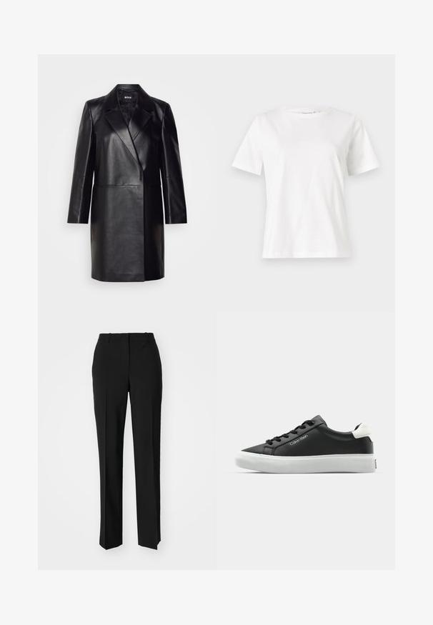 Melna ādas bleizera ar iegriezto apkakli, vienu pogu un garām piedurknēm. Iezīmē gludu tekstūru un piegriezumu, kas pielāgots figūrai.; Baltas kokvilnas T-krekls ar īsām piedurknēm, apaļu kakla izgriezumu un brīvu piegriezumu. Gluda tekstūra, bez rakstiem vai akcentiem, minimālistisks dizains.; Melnas pielāgotas bikses ar taisnu kāju dizainu, kas raksturojas ar gludu faktūru un asiem krokām pa priekšu. Nav redzamu metāla detaļu.; Melnas ādas sporta kurpes ar baltu gumijas zoli. Iekļautas melnas auklas un logo sānos. Apaļa purngala forma un polsterēta apkakle.
