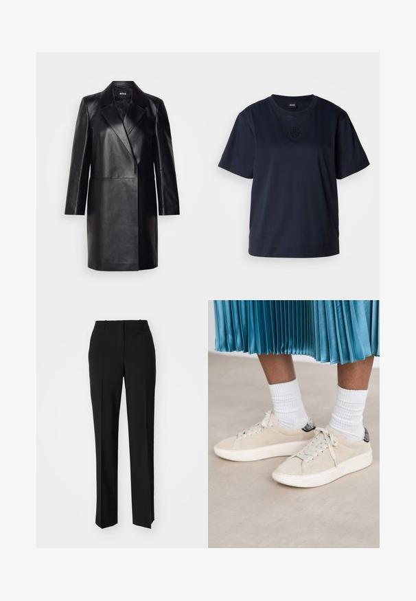 Crna kožna blazer jakna s rebrastim ovratnikom, zatvaranjem na jedan gumb i dugim rukavima. Ima glatku teksturu i kroj prilagođen tijelu.; Tamno plava majica s kratkim rukavima od mekanog pamuka. Ima okrugli izrez i suptilan izvezeni logo na prsima.; Crne krojene hlače ravnog kroja, s glatkom teksturom i oštrim pregibima naprijed. Bez vidljivih metalnih dijelova.; Bež nubuk tenisice s bijelim gumenim potplatom i vezanjem. Akcentirane s teksturiranim crnim nastavkom na leđa. Nosene s bijelim rebrastim čarapama.