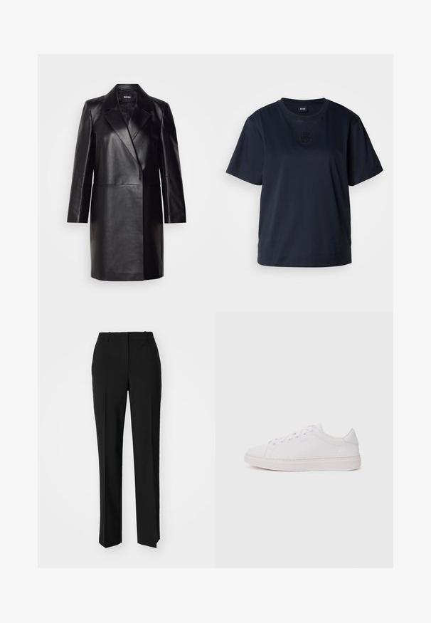 Blazer de couro preto com colarinho com bico, fecho de botão único e mangas longas. Apresenta uma textura suave e um corte ajustado.; T-shirt de manga curta azul marinho feita de algodão macio. Apresenta um decote redondo e um logo bordado discreto no peito.; Calças pretas de corte ajustado com um design de perna reta, apresentando uma textura lisa e pregas bem definidas na frente. Sem hardware visível.; Sapatilha branca com um upper de couro liso, bico redondo e sola de borracha plana. Apresenta fecho com atacadores e um logotipo discreto na lateral.