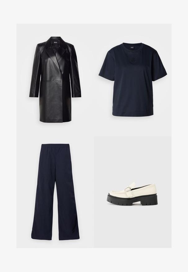 Black leather blazer with a notched collar, single button closure, and long sleeves. Features smooth texture and tailored fit.; Navy blue short-sleeve t-shirt made of soft cotton. Features a rounded neckline and a subtle embroidered logo on the chest.; Wide-leg pants in dark navy, made of a lightweight material with a smooth texture and an elastic waistband for comfort.; White leather loafer with a chunky black platform sole, featuring a rectangular silver buckle and visible stitching detail on the upper.