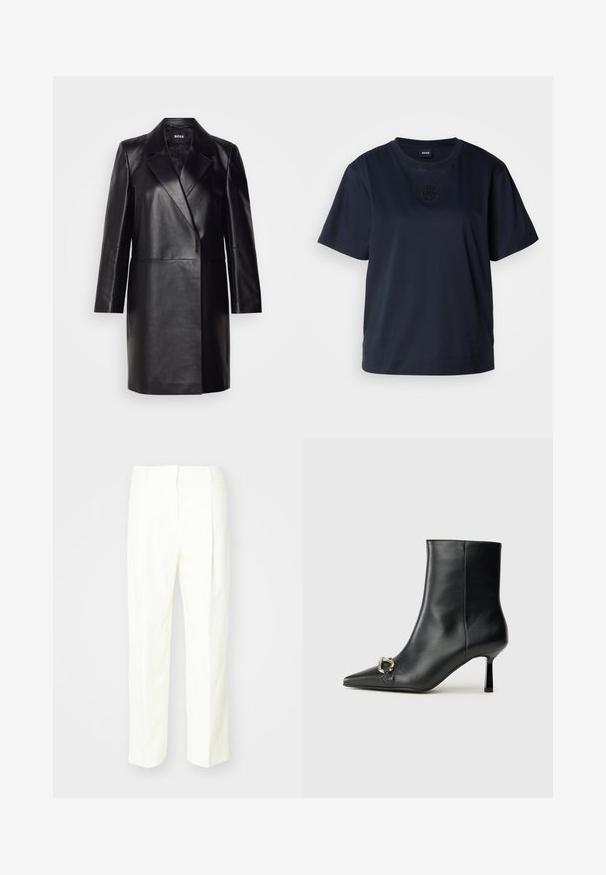 Svart läderblazer med snedskuren krage, enkel knappstängning och långa ärmar. Har en mjuk текстur och skräddarsydd passform.; Marinblå t-shirt med kort ärm, tillverkad av mjuk bomull. Har en rundad halsringning och en subtil broderad logotyp på bröstet.; Vita skräddarsydda byxor med rak benform, texturerat tyg, framviktningar och ett platt midjeband med bälteshällor.; Svart läderankelboot med spetsig tå, smal medelhög klack och silverfärgad spänndetalj på sidan mot en enfärgad bakgrund.