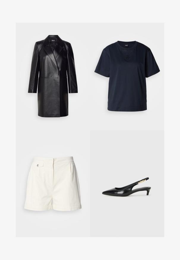 Blazer din piele neagră cu guler decupat, închidere cu un singur nasture și mâneci lungi. Prezintă o textură netedă și o croială ajustată.; Tricou de culoare bleumarin cu maneca scurtă, realizat din bumbac moale. Previne o gât rotund și are un logo brodat subtil pe piept.; Shorts albe din bumbac, cu față plată, buzunare laterale, pliseuri frontale și un singur nasture la talie. Formă ajustată, textură netedă.; Sandale slingback din piele neagră cu vârf ascuțit, având un toc subțire și un accent de culoare aurie pe curea ajustabilă. Textură netedă.