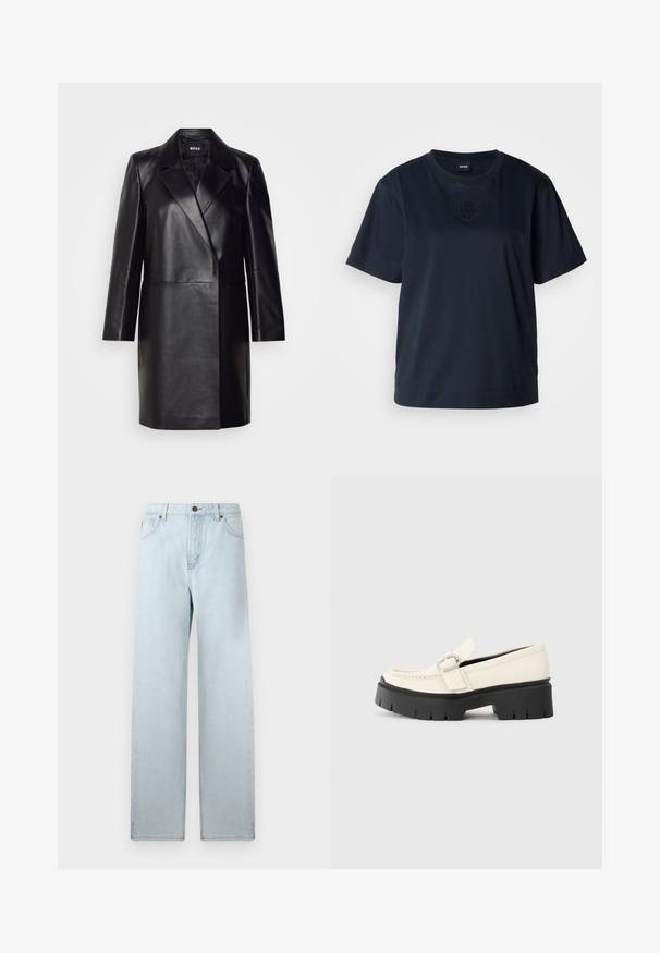 Juodas odinis švarkas su įpjovimu ant apykaklės, vienu mygtuku užsegamas ir ilgomis rankovėmis. Yra lygus paviršius ir pritaikytas siluetas.; Tamsiai mėlyna trumpomis rankovėmis marškinėliai, pagaminti iš minkštos medvilnės. Savyje turi apvalų kaklą ir subtilų išsiuvinėtą logotipą ant krūtinės.; Šviesiai mėlynos plačios džinsinės kelnės su aukštu liemeniu, priekinėmis kišenėmis ir mygtuko uždarymu. Lygi džinsų tekstūra, minimalus blukimas, tiesaus kirpimo dizainas.; Baltas odinis loaferis su storu juodu platforminiu padu, turintis stačiakampį sidabrinį sagtį ir matomu siuvimo ornamentu ant viršaus.