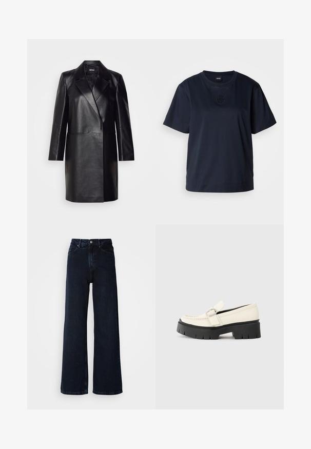 Črna usnjena blazerjakna z izrezanim ovratnikom, zapiranjem na en gumb in dolgimi rokavi. Ima gladko teksturo in prilegajoč kroj.; Temno modra kratka majica s kratkimi rokavi, izdelana iz mehke bombažne tkanine. Ima okroglo ovratnico in subtilno vezeno logo na prsih.; Temno modri široki traperji z visokim pasom, gumbom za zapiranje, sprednjimi žepi in gladko teksturo denima.; Bela usnjena loafer čevlja z debelim črnim podplatom, ki ima pravokotno srebrno zaponko in vidne šive na zgornjem delu.