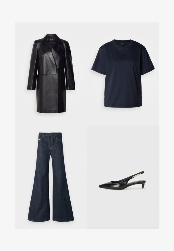 Mustmustnahkblazer, millel on klappkrae, ühe nupuga kinnitamine ja pikad varrukad. Omab siledat tekstuuri ja kohandatud lõiget.; Tumesinine lühikeste varrukatega T-särk, mis on valmistatud pehmest puuvillast. Omab ümmargust kaelust ja diskreetset tikandiga logo rinna piirkonnas.; Tumedat sinavad teksad, mille sirge lõige, kõrge vöökoht, kuldne tikand ja kaks esitaskut nupuga.; Mustad nahast slingback kontsad terava ninaga, millel on õhuke konts ja kuldse tooni aktsent reguleeritaval rihmal. Sile tekstuur.