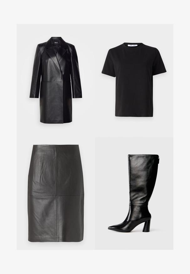 Černá kožená blejzr s klopovým límcem, zapínáním na jeden knoflík a dlouhými rukávy. Vyznačuje se hladkou texturou a přiléhavým střihem.; Černé tričko s krátkým rukávem vyrobené z měkké bavlny, s kulatým výstřihem, volným střihem a hladkým povrchem. Žádné viditelné vzory ani grafika.; Černá kožená sukně s hladkou strukturou, s vertikálními švy a rovnou siluetou. Bez viditelného kovového doplňku nebo akcentů.; Černá kožená vysoká boot do půli lýtek s špičatou špičkou, hladkou texturou a masivním podpatkem. Obsahuje zip na zadní straně.