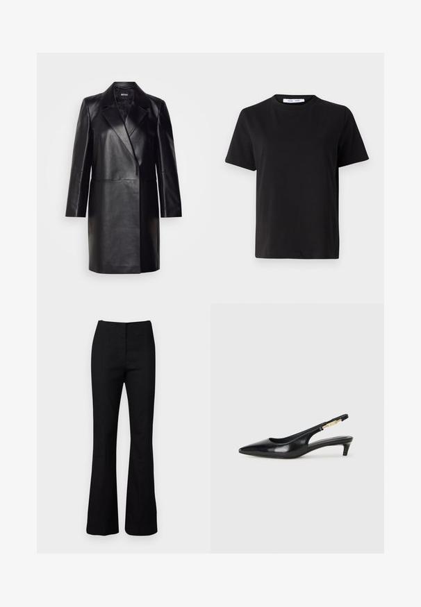 Blazer de cuero negro con solapa muesca, cierre de un solo botón y mangas largas. Presenta una textura suave y un ajuste entallado.; Camiseta negra de manga corta hecha de algodón suave, con un cuello redondo, corte relajado y una textura lisa. Sin patrones ni gráficos visibles.; Pantalones negros acampanados con una textura suave y un corte entallado. Presentan una cintura alta y un diseño minimalista. Sin patrones visibles ni herrajes.; Tacones negros de piel sintética tipo slingback con punta afilada, que cuentan con un tacón delgado y un detalle en tono dorado en la correa ajustable. Textura suave.
