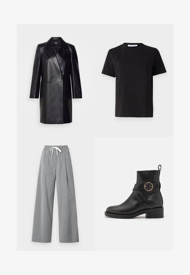 Blazer de couro preto com colarinho com bico, fecho de botão único e mangas longas. Apresenta uma textura suave e um corte ajustado.; T-shirt preto de manga curta feito de algodão suave, com decote redondo, ajuste descontraído e uma textura suave. Sem padrões ou gráficos visíveis.; Calças largas cinzentas feitas de um tecido leve, com frente plissada e uma cintura elástica com um cordão branco.; BOSS IRYNA BOOTIE - Botas de tornozelo com plataforma - black