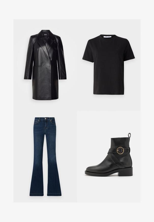 Schwarze Lederblazer mit Reverskragen, einer einzigen Knopfverschluss und langen Ärmeln. Bietet eine glatte Textur und eine taillierte Passform.; Schwarzes T-Shirt mit kurzen Ärmeln aus weicher Baumwolle, mit rundem Ausschnitt, lockerer Passform und glatter Textur. Keine sichtbaren Muster oder Grafiken.; Dunkelblaue Schlagjeans aus Denim. Hohe Taillengestaltung, mit fünf Taschen und kontrastierenden Nähten entlang der Nähte. Glatte Textur, klassischer Schnitt.; BOSS IRYNA BOOTIE - Plateaustiefelette - black