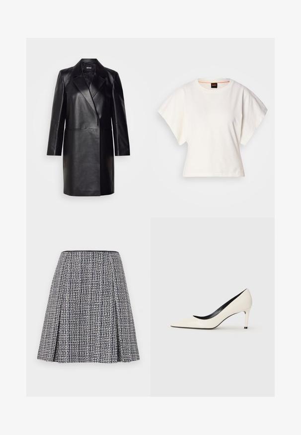 Juodas odinis švarkas su įpjovimu ant apykaklės, vienu mygtuku užsegamas ir ilgomis rankovėmis. Yra lygus paviršius ir pritaikytas siluetas.; Baltas trumpas marškinėliai, plačios trumpomis rankovėmis, minkšta medvilnė, apvali kaklo iškirptė su subtiliu oranžiniu apvadu, minimalus dizainas, be raštų ar grafikų.; Tamsiai mėlyna švarko medžiagos sijonas su tekstūruotu raštu, platus siluetas ir klostės. Liemenėlė yra juoda, pabrėžianti sijono dizainą.; Balti lakinės odos aukšti kulniukai su smailiu pirštu, liekna kulniu ir juodais vidaus akcentais. Lygi tekstūra ir stilingas dizainas.