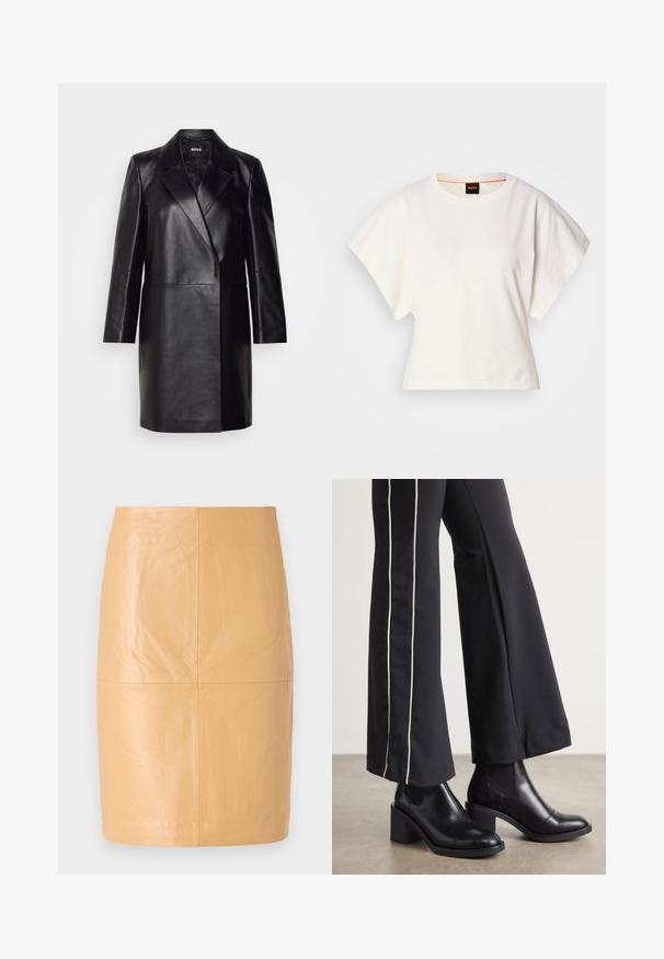 Czarna skórzana marynarka z wyprofilowanym kołnierzem, jednolitym zapięciem na guzik i długimi rękawami. Posiada gładką fakturę i dopasowany krój.; Biała, krótka koszulka z szerokimi rękawami, wykonana z miękkiej bawełny, okrągły dekolt z delikatnym pomarańczowym wykończeniem, minimalistyczny design, bez wzorów i grafik.; 2nd Day JAYAN wielbłądzi; Czarne skórzane botki za kostkę na słupku, z elastycznymi panelami po bokach. Połączone z czarnymi spodniami z białym paskiem po boku.