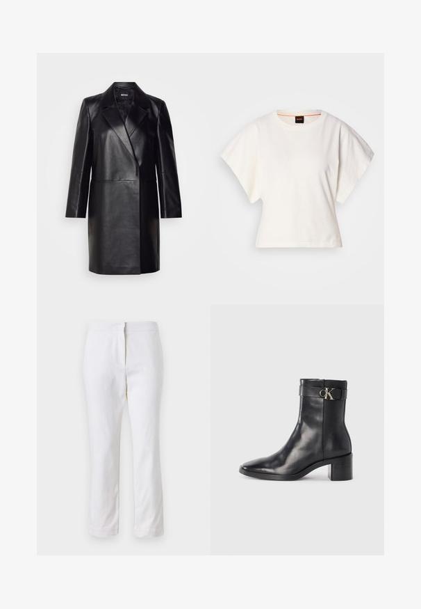 Mustmustnahkblazer, millel on klappkrae, ühe nupuga kinnitamine ja pikad varrukad. Omab siledat tekstuuri ja kohandatud lõiget.; Valge lühikeste laiadte varrukatega lühike T-särk, pehme puuvillane materjal, ümar kaelus kergelt oranži ääristusega, minimaalne disain, ilma mustrite ja graafikateta.; Valged puuvillased püksid sirge lõikega, keskmise kõrgusega vöökoht ja ilma nähtavate detailide või mustriteta. Ühtlane sile tekstuur.; Must musta ankle boot terava nina, plokke konts ja rihm, millel on metalliline logo detail. Sile tekstuur ja minimaalne disain.