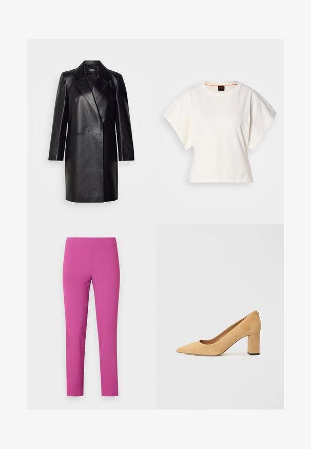 Fekete bőr blézer, hajtott gallérral, egygombos záródással és hosszú ujjal. Simaság jellemzi, és testre szabott fazonú.; Fehér, rövid, bő ujjú, crop szabású póló, puha pamut anyagból, kerek nyakkivágással, finom narancssárga díszítéssel, minimalista dizájn, minta vagy grafika nélkül.; Fitted, magas derekú nadrág élénk rózsaszínben, sima, rugalmas anyagból készült. Anklet hosszúságú, látható zsebek és záródások nélkül.; Beige velúr magassarkú cipő, hegyes orral és tömzsi sarokkal. Az anyag puha tapintású, sima felületű.