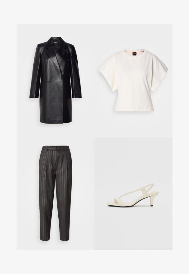 Blazer en cuir noir avec un col cranté, fermeture à un bouton et manches longues. Présente une texture lisse et une coupe ajustée.; T-shirt blanc cintré, manches courtes et larges, en coton doux, décolleté rond avec une discrète bordure orange, design minimaliste, sans motifs ni graphiques.; Pantalons taillés gris foncé avec des rayures blanches verticales, devant plissé et jambes fuselées. Fabriqués en tissu lisse avec passants de ceinture.; Sandales beiges à talons carrés avec des fines brides et un bout carré. Matière lisse avec des détails minimaux, conçues pour un port facile.