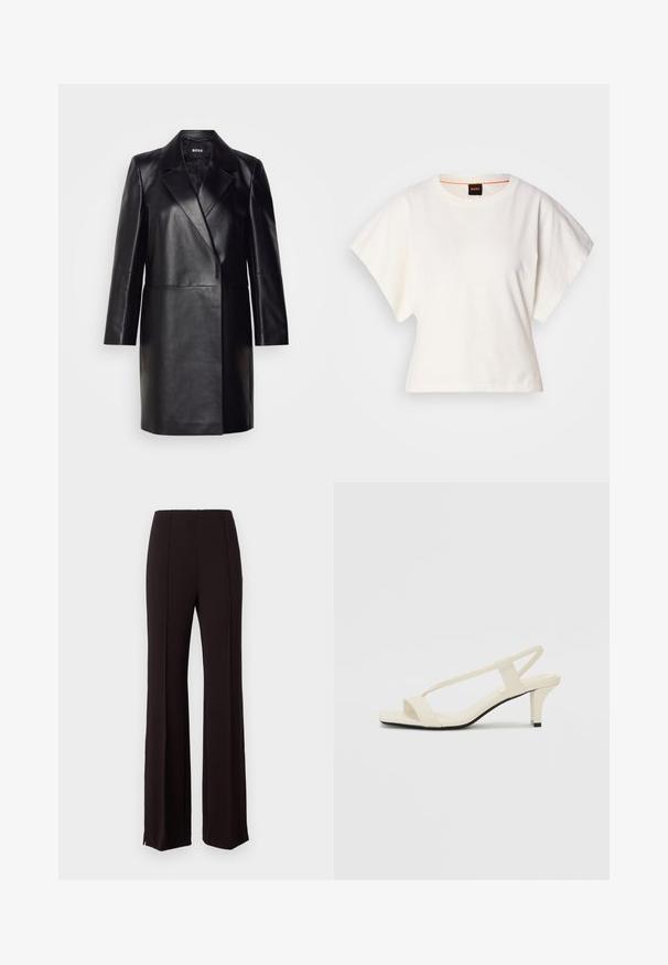Blazer din piele neagră cu guler decupat, închidere cu un singur nasture și mâneci lungi. Prezintă o textură netedă și o croială ajustată.; Tricou alb scurt, cu mâneci scurte și largi, din bumbac moale, cu decolteu rotund și un finisaj subtil portocaliu, design minimalist, fără modele sau grafice.; Pantaloni negri cu talie înaltă, având un design cu picior flared, cu cusături verticale și fante la tiv pentru un plus de detaliu. Materialul pare neted.; Sandale bej cu toc bloc, cu bretele subțiri și vârf pătrat. Material neted cu detalii minime, concepute pentru a fi ușor de purtat.