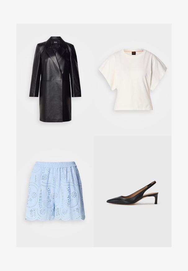 Black leather blazer with a notched collar, single button closure, and long sleeves. Features smooth texture and tailored fit.; White cropped T-shirt, short wide sleeves, soft cotton material, round neckline with subtle orange trim, minimal design, no patterns or graphics.; Light blue, cotton shorts with embroidered cut-out patterns, elastic waistband, and scalloped hem. Features floral and leaf designs.; Black leather slingback pump with a pointed toe, low heel, and a smooth texture. Features a thin adjustable strap for a secure fit.