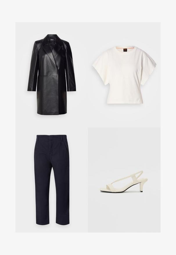 Blazer en cuir noir avec un col cranté, fermeture à un bouton et manches longues. Présente une texture lisse et une coupe ajustée.; T-shirt blanc cintré, manches courtes et larges, en coton doux, décolleté rond avec une discrète bordure orange, design minimaliste, sans motifs ni graphiques.; Pantalons bleu marine en coton, avec une coupe droite, un devant plissé et des passants de ceinture à la taille.; Sandales beiges à talons carrés avec des fines brides et un bout carré. Matière lisse avec des détails minimaux, conçues pour un port facile.