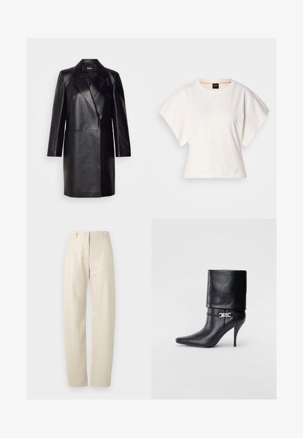 Zwarte leren blazer met een geknopt kraagje, sluiting met één knoop en lange mouwen. Kenmerkt zich door een zachte textuur en een professionele pasvorm.; Witte gecropte T-shirt, korte brede mouwen, zachte katoenmaterialen, ronde halslijn met subtiele oranje rand, minimalistisch ontwerp, geen patronen of graphics.; Beige rechte broek met knoop- en ritsluiting, lussen voor een riem en zijzakken op een effen witte achtergrond.; Zwarte leren enkelboot met een spitse neus, hoge stilettohak, opgevouwen manchet en een gouden decoratieve gespdetails op de enkel.