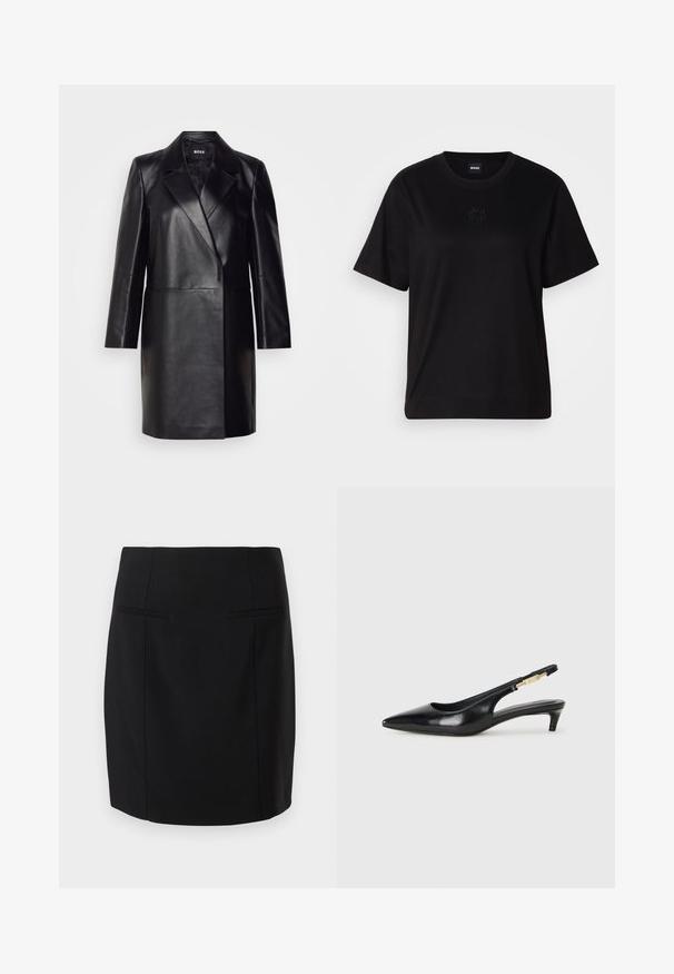 Blazer en cuir noir avec un col cranté, fermeture à un bouton et manches longues. Présente une texture lisse et une coupe ajustée.; T-shirt en coton noir avec un col rond, des manches courtes et un logo brodé sur la poitrine. Coupe simple et décontractée sans motifs.; Jupe crayon noire en tissu lisse, dotée d'un design cintré, de deux poches avant et d'un ourlet au niveau des genoux.; Talons hauts en cuir noir avec un bout pointu, dotés d'un talon fin et d'un accent en ton or sur la lanière réglable. Texture lisse.