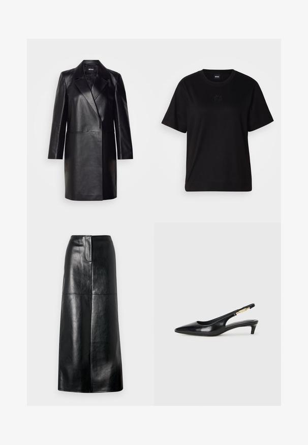 Blazer en cuir noir avec un col cranté, fermeture à un bouton et manches longues. Présente une texture lisse et une coupe ajustée.; T-shirt en coton noir avec un col rond, des manches courtes et un logo brodé sur la poitrine. Coupe simple et décontractée sans motifs.; Jupe midi en cuir noir avec une texture lisse, coupe droite et un léger brillant. Présente une taille simple et aucun matériel visible.; Talons hauts en cuir noir avec un bout pointu, dotés d'un talon fin et d'un accent en ton or sur la lanière réglable. Texture lisse.